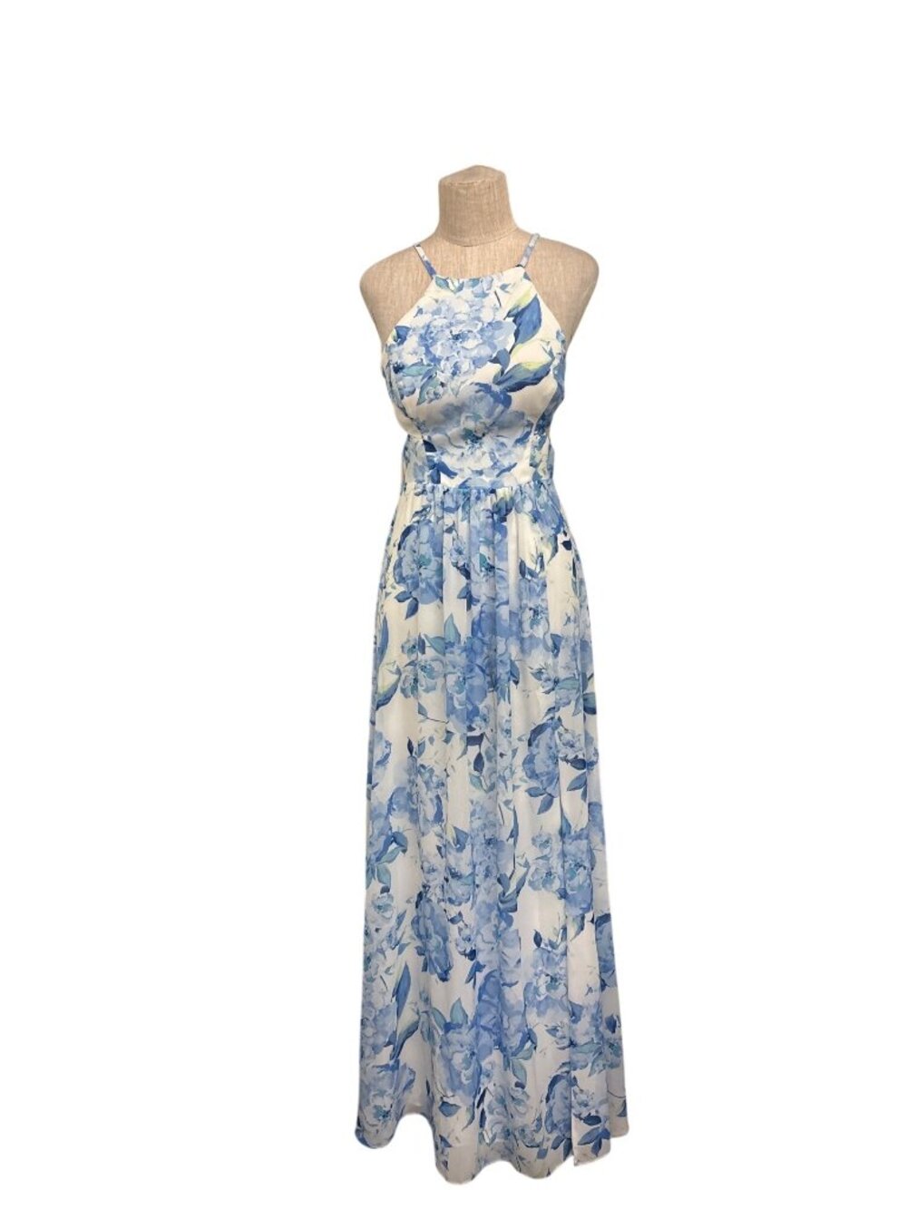 Vintage Y2K Morgan & Co Blue White Floral Halter Maxi Dress Lace Up Corset Back